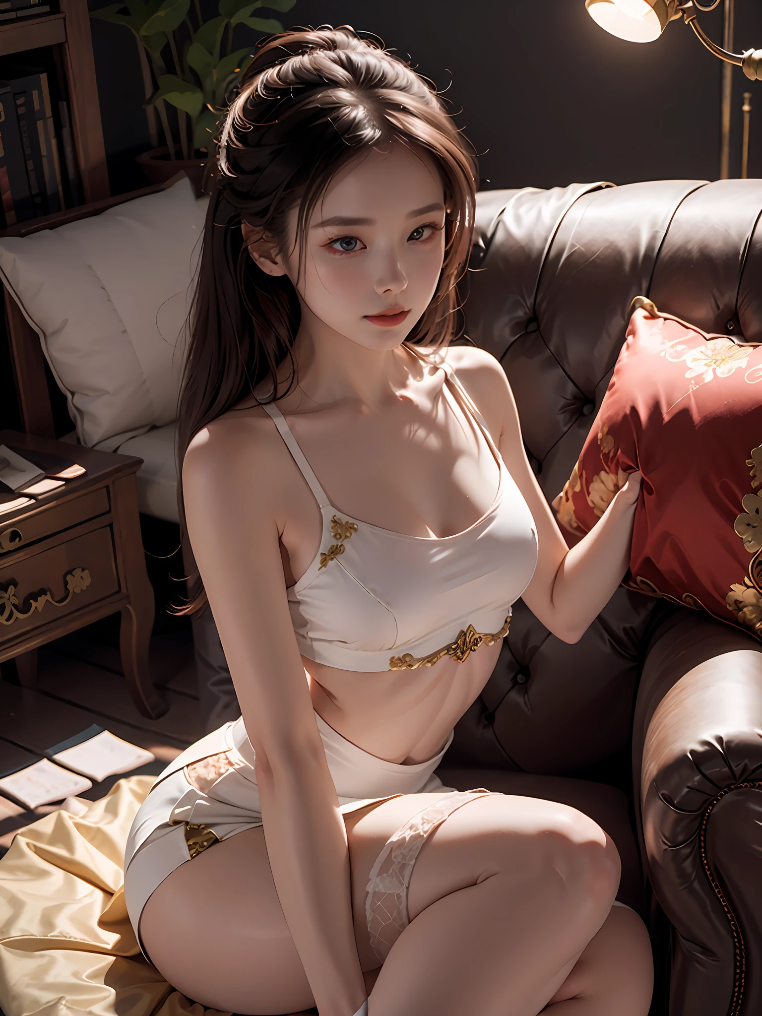 Uma mulher sentada em um sofá, lindo modelo chinês, muito charmoso e bonito, tampo branco apertado com senso de design, Ombros nus, saia split vermelha, meias cor de carne, posição sentada, Sensual, sem calcinha, Dedos de camelo