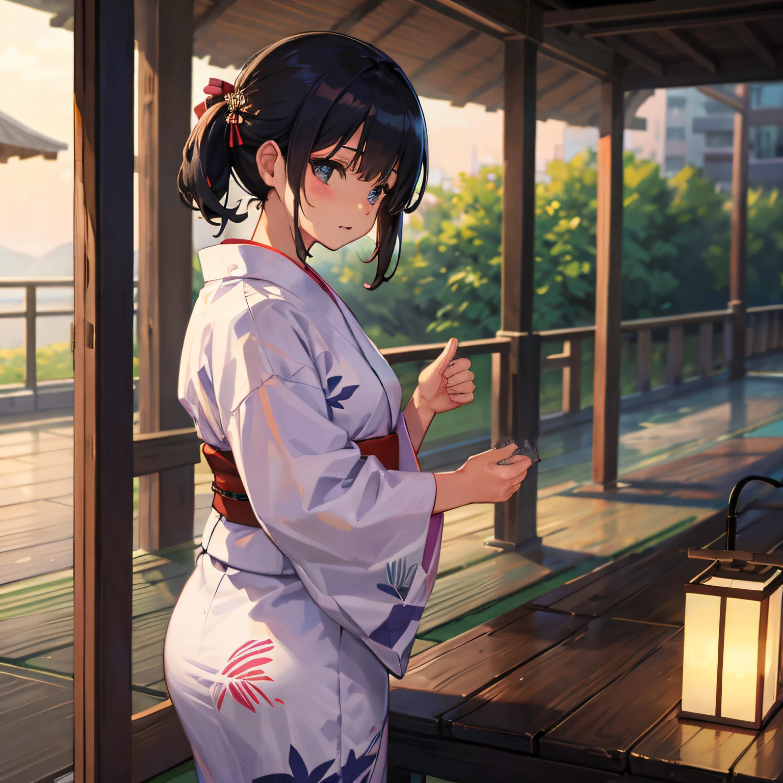 anime girl in kimono outfit standing on a deck looking at her cell phone, in a kimono, anime style 4 k, in kimono, artwork in the style of guweiz, anime moe artstyle, anime art wallpaper 8 k, 4k anime wallpaper, anime wallpaper 4k, anime wallpaper 4 k, anime art wallpaper 4k, anime art wallpaper 4 k