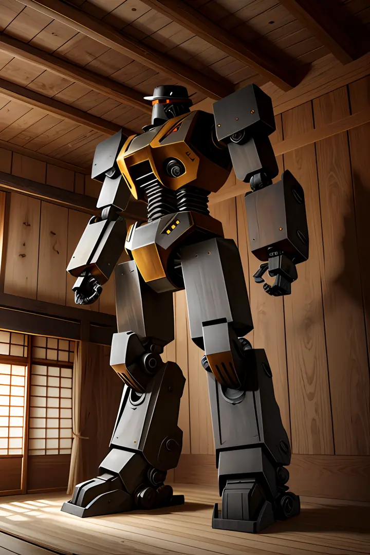 Photo of a giant wooden robot. The parts of the robot are parts of an old castle in Japan. Very detailed. Photorealistic and octane render,