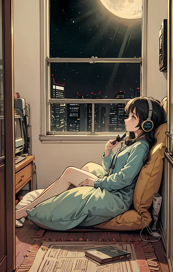 1 girl, 90's anime style, night, studio room, moon, girl with headphones, late night room, listening to music alone, city pop, l...
