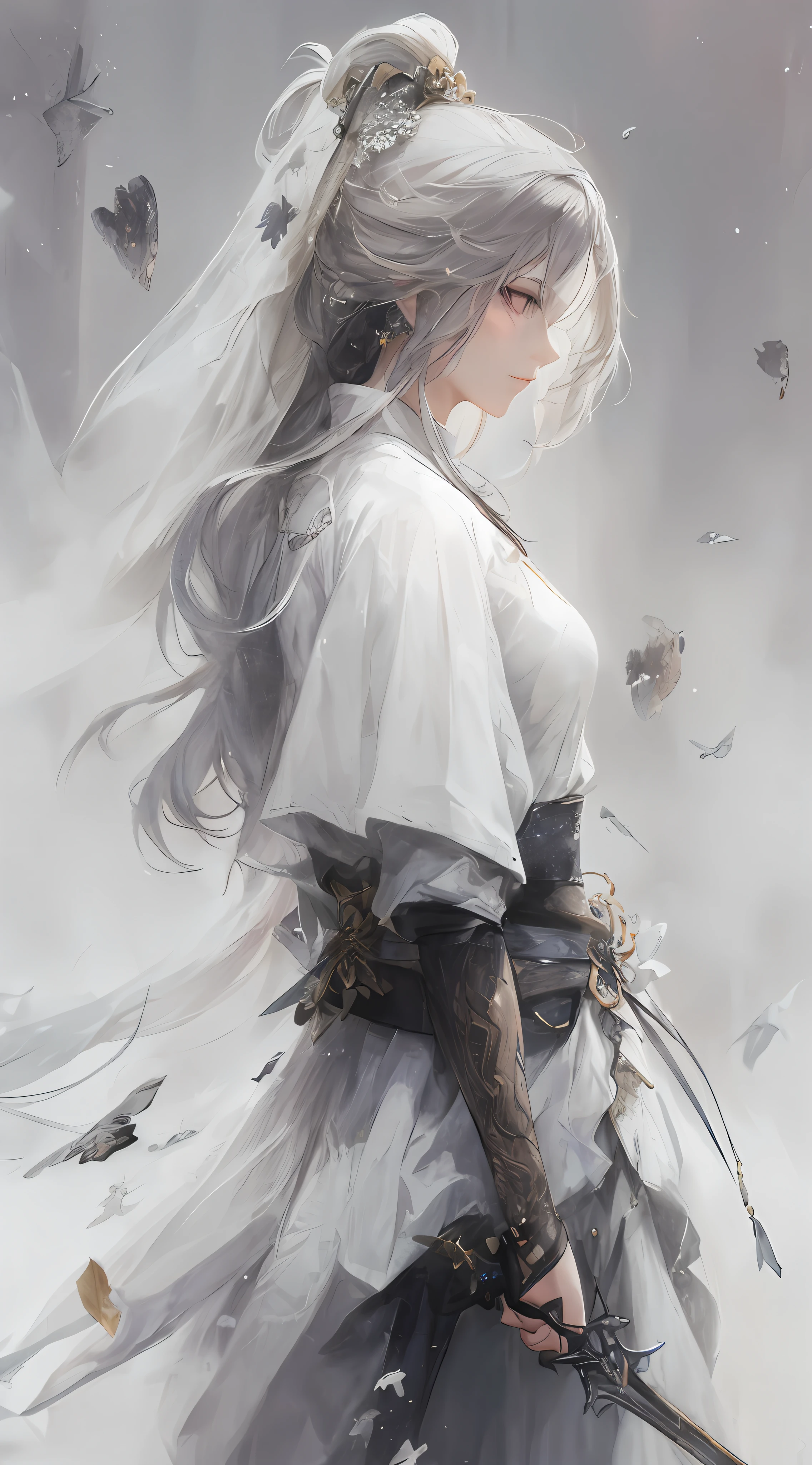 a close up of a woman with a sword in a white dress, a character portrait by Yang J, trending on cgsociety, fantasy art, beautiful character painting, artwork in the style of guweiz, guweiz, white hanfu, flowing white robes, full body wuxia, epic exquisite character art, stunning character art, beautiful female assassin, purple eyes, purple hair, eyewear on head