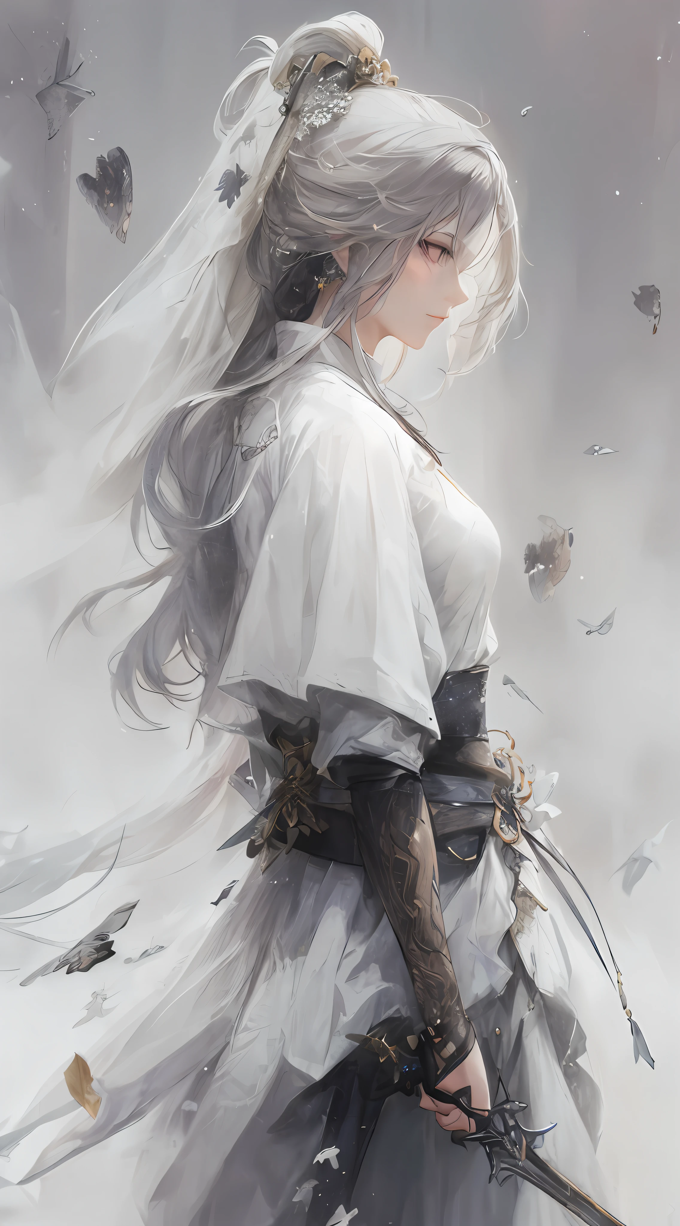 um close de uma mulher com uma espada em um vestido branco, um retrato de personagem de Yang J, tendências na CGSociety, arte de fantasia, linda pintura de personagem, artwork in the style of Guweiz, Guweiz, Hanfu branco, vestes brancas esvoaçantes, wuxia de corpo inteiro, arte de personagem épica e requintada, arte de personagem impressionante, bela assassina feminina, olhos roxos, Cabelo roxo, óculos na cabeça