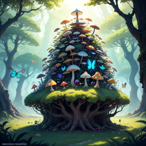 majestic anthill with mushroom and bright dragonfly sitting on top, fantasy, art, bright blue light, butterflies --auto