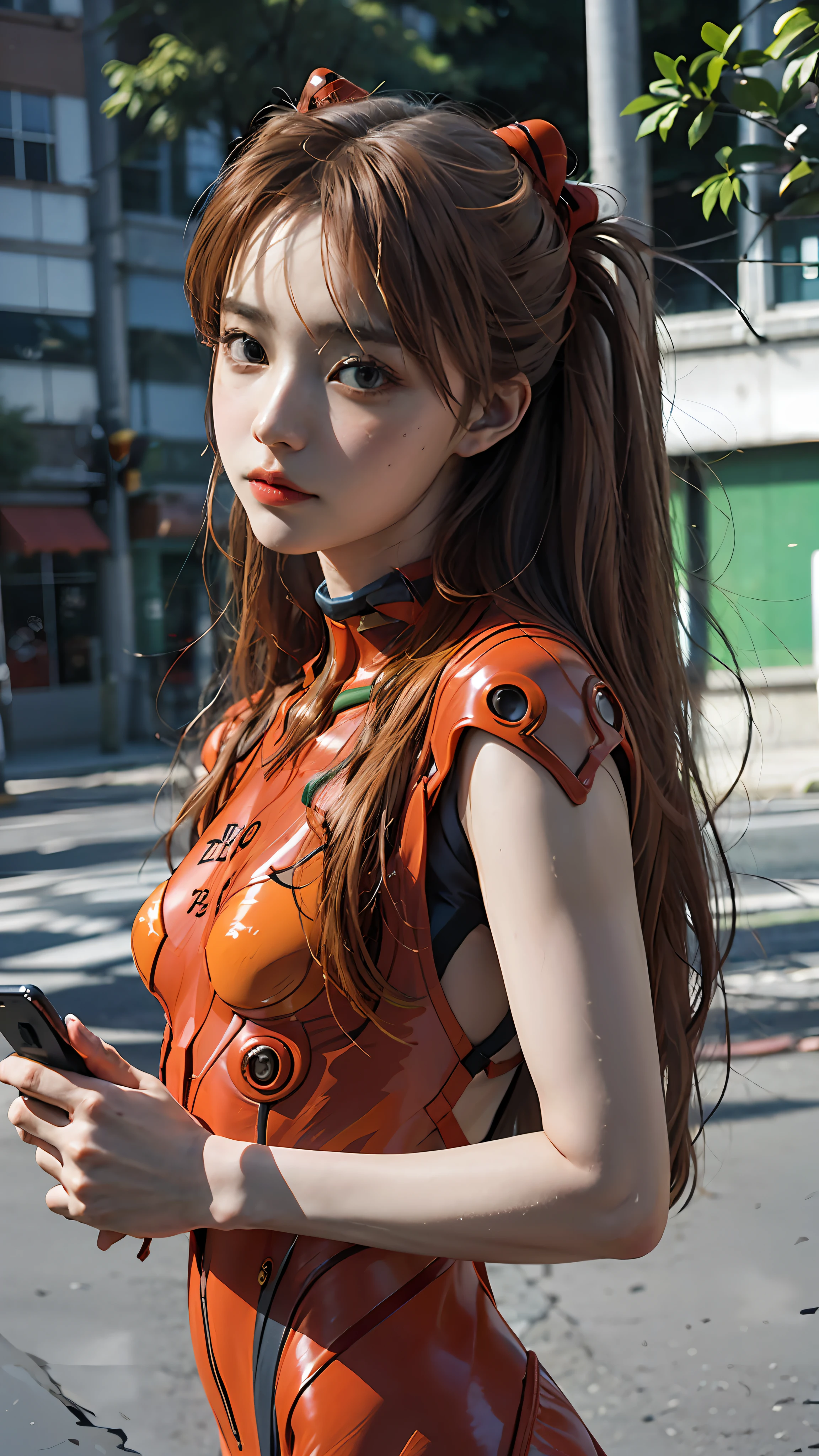 Asuka Langley Evangelion, a stunning woman, confidently using her phone on a vibrant city street in trendy attire, realistic,