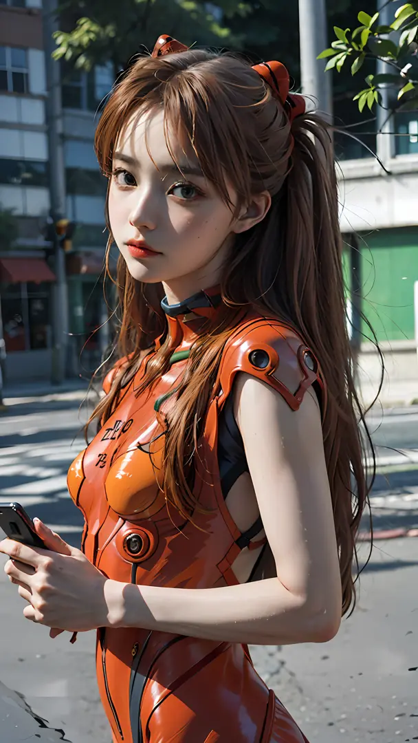 asuka langley evangelion, a stunning woman, confidently using her phone on a vibrant city street in trendy attire, realistic,