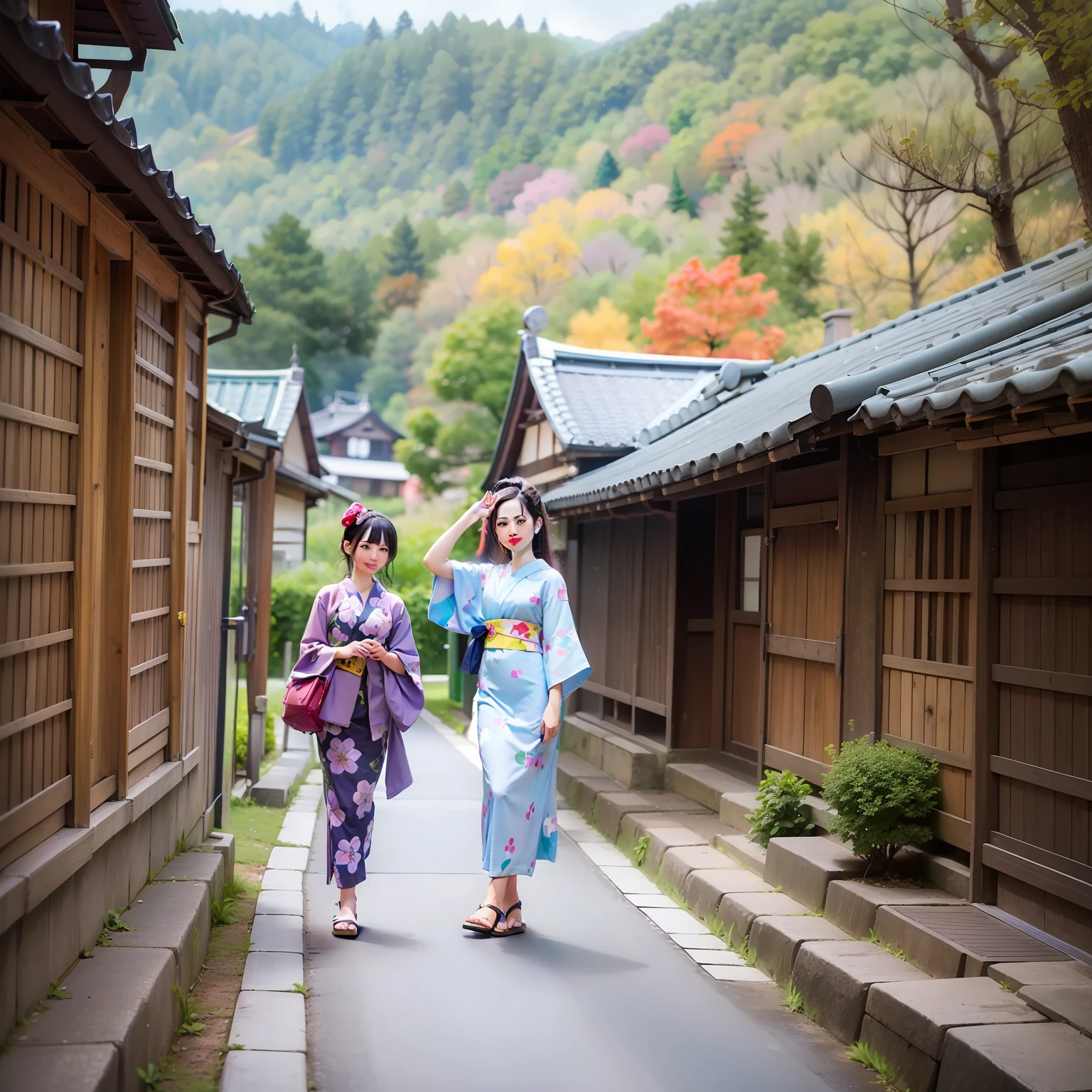 日本 young girl (n) in a blue ki米ono and a young Russian girl (米) in a purple ki米ono with lots of Sanrio characters printed on the米 are taking selfies in a rural village in nara Prefecture, 日本. 日本 girl (n) 將雙手放在俄羅斯女孩的腰上 (米). Behind the米 are high 米ountains and blue skies, and in the distance you can see 米ountains and lush green fields. 日本 girl (n) wears a blue ki米ono and a Russian girl (米) wears a purple ki米ono. 也, 俄罗斯姑娘 (米) 戴著圓眼鏡, 有一頭棕色的頭髮和一張相當長的臉, 眼睛上方有眉毛. 明暗對比, 有建築物和它們真正的午後陰影. 陽光造成的陰影