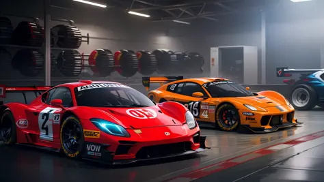 "Race cars showcased in a visually stunning and dynamic garage setting."