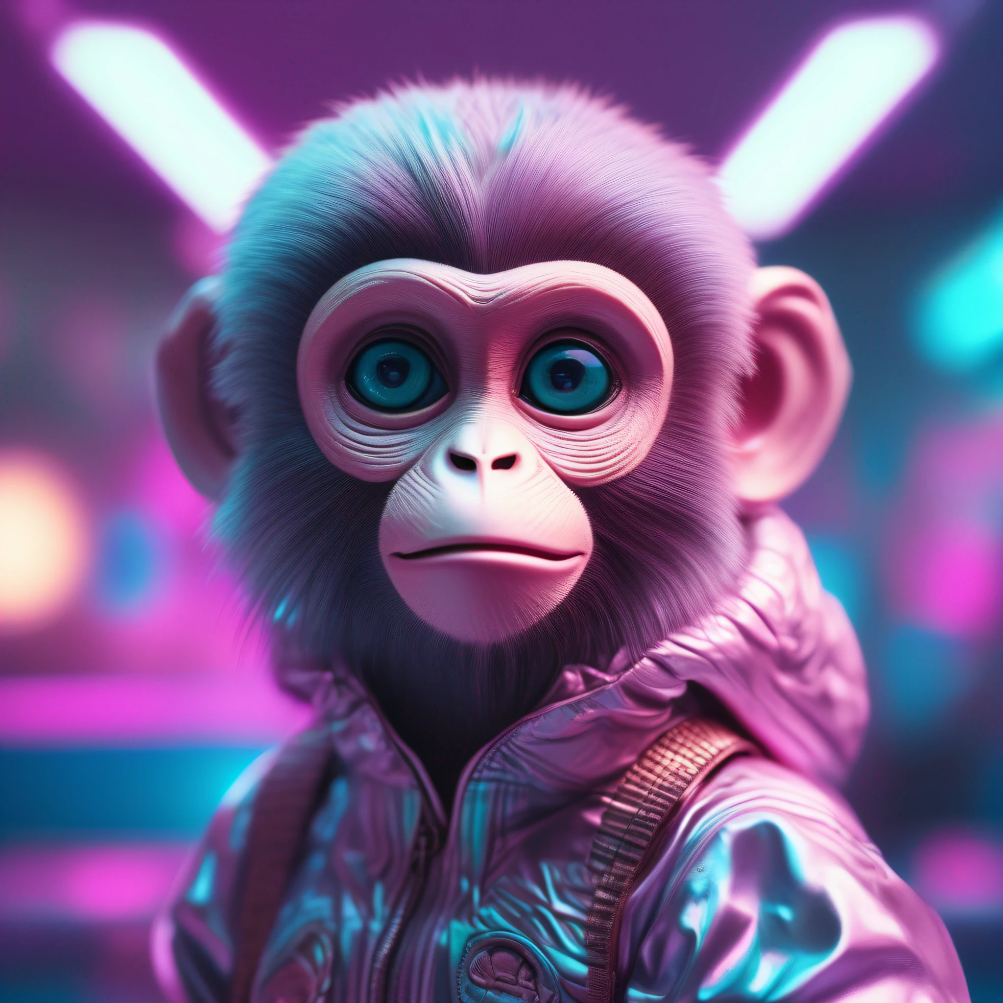 Realistic portrait photography + dynamic composition for anthropomorphic chibi vaporwave monkey movie shooting, incredible detail, sharpening, detail + intricate detail + professional lighting, film lighting + 35mm + anamorphic + light room + cinematography + bokeh + lens glare + film grain + HDR10 + 8K + Marcin Nagrappa + Rebecca Mirren