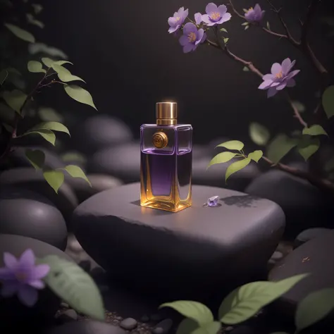 Photography, purple theme, beautiful luxury black bottle of perfume with golden cap on polished rocks, thin branches of plants in the background, shallow depth of field, off white setting, peaceful environment, Studio lighting --iw 1 50 --v 5.2 --s 2