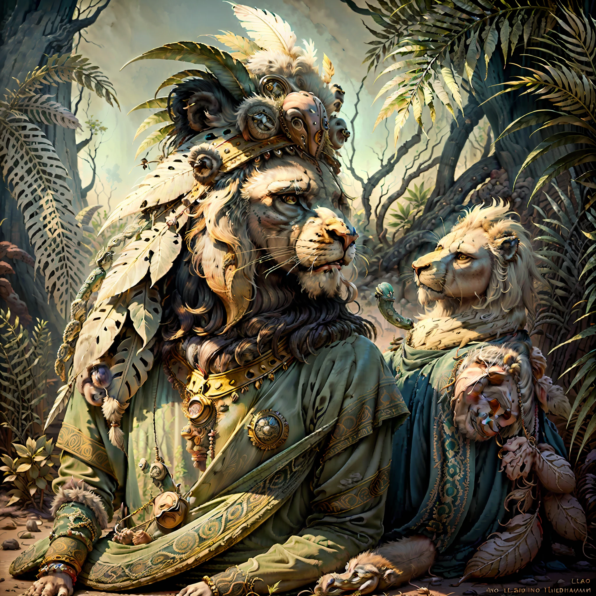 Lion ((Indian style)),,((meditative state),,((Leo head)) Shaman, elegant, hair with details, with Indian headdress on head, ((praying)) many colorful feathers, colored feathers,,(snake)) facing the camera, detail: dense tropical foliage, highly detailed intricate, ((masterpiece)), ultra hyperrealistic, masterpiece