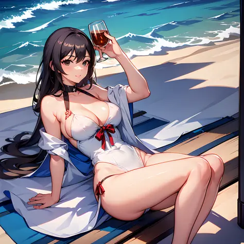 1girl, solo, masterpiece, best quality, realistic, hyperdetailed, (shiny, sweaty skin: 1.4) ((swimsuit glued one piece white with black neckline)) to navel, black hair, gold earrings with light blue, black bra, large breasts, black ribbon on the neck, long...