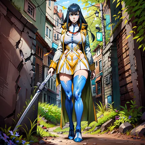 satsuki kiryuin, satsuki kiryuin from kill-la-kill, big breasts, voluminous breasts, curvy breasts, mesh stockings, standing wit...