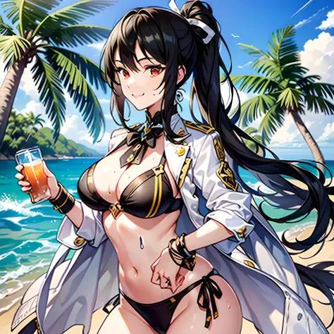 1girl, solo, masterpiece, best quality, realistic, hyperdetailed, (shiny, sweaty skin: 1.4) ((swimsuit stuck a piece white conescote to the navel)), black hair, gold earrings with light blue, black bra, large breasts, black ribbon on the neck, long ponytai...