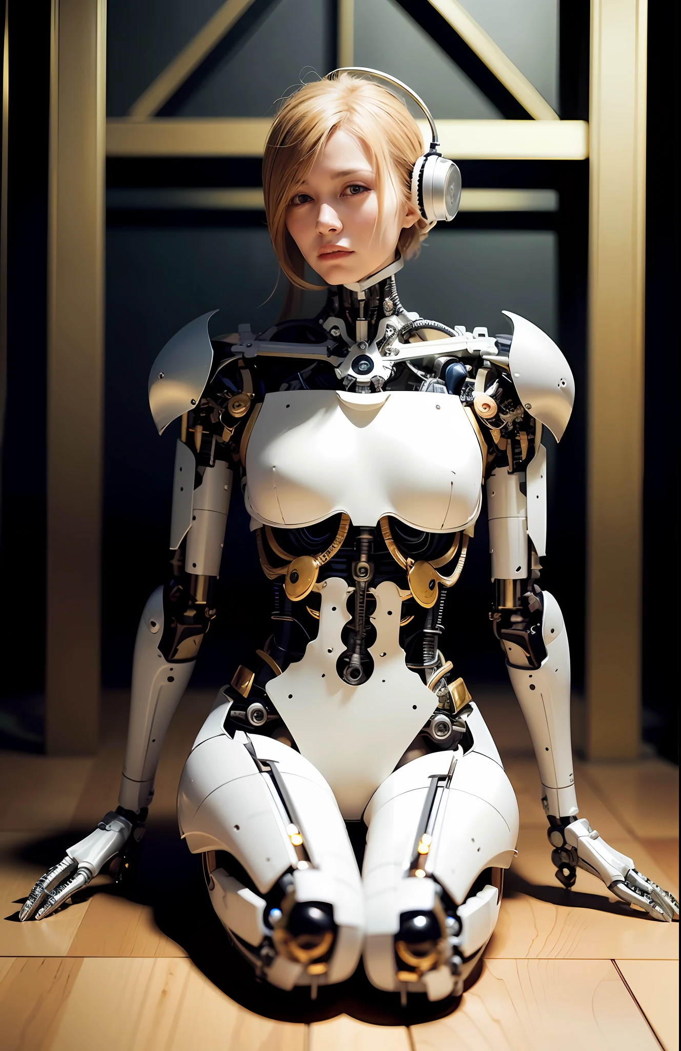 (reelmech:1.5),complex 3d render ultra detailed of a beautiful porcelain profile woman android face, cyborg, robotic parts, 150 mm, beautiful studio soft light, rim light, vibrant details, luxurious cyberpunk, lace, hyperrealistic, anatomical, facial muscles, cable electric wires, microchip, elegant, beautiful background, octane render, H. R. Giger style, 8k, best quality, masterpiece, illustration, an extremely delicate and beautiful, extremely detailed ,CG ,unity ,wallpaper, (realistic, photo-realistic:1.37),Amazing, finely detail, masterpiece,best quality,official art, extremely detailed CG unity 8k wallpaper, absurdres, incredibly absurdres,  robot, silver halmet, full body, sitting on the ground