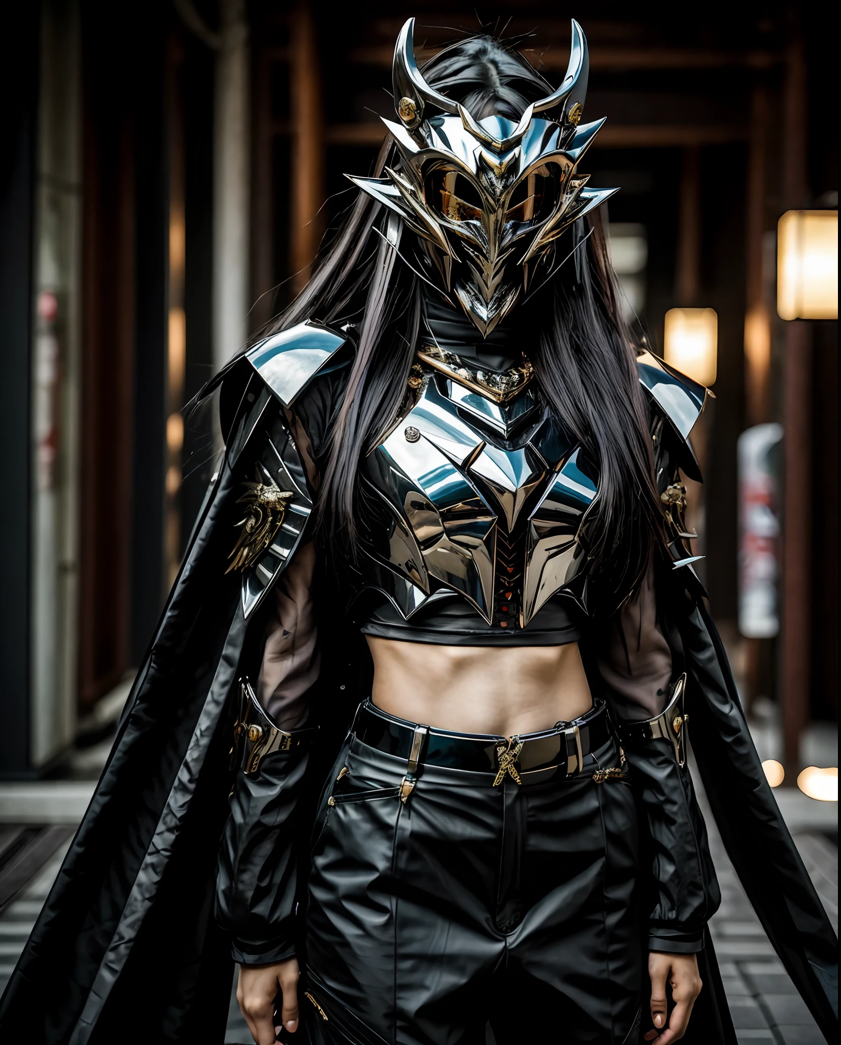 1 japanese girl, dragon veil, half body, dragon mask, dragon eye shield, cyborg tanktop, crop top, japanese oni mask, beautifull, demon mask,  Katana, silver long hair, night, dark, dim light  cyberpunk , eye shield, glowing eyes, glowing armor,  Torii, , glossy, shinny, futuristic, analog photo, 3d realistic, stuning potrait, (extremely detailed CG unity 8k wallpaper), professional photography, trending on ArtStation, trending on CGSociety, Intricate, High Detail, Sharp focus, dramatic, photorealistic, futuristic, pale skin, slim body, (high detailed face skin:1.2), 8k uhd, dslr, soft lighting, high quality, film grain, Fujifilm XT3, futuristic