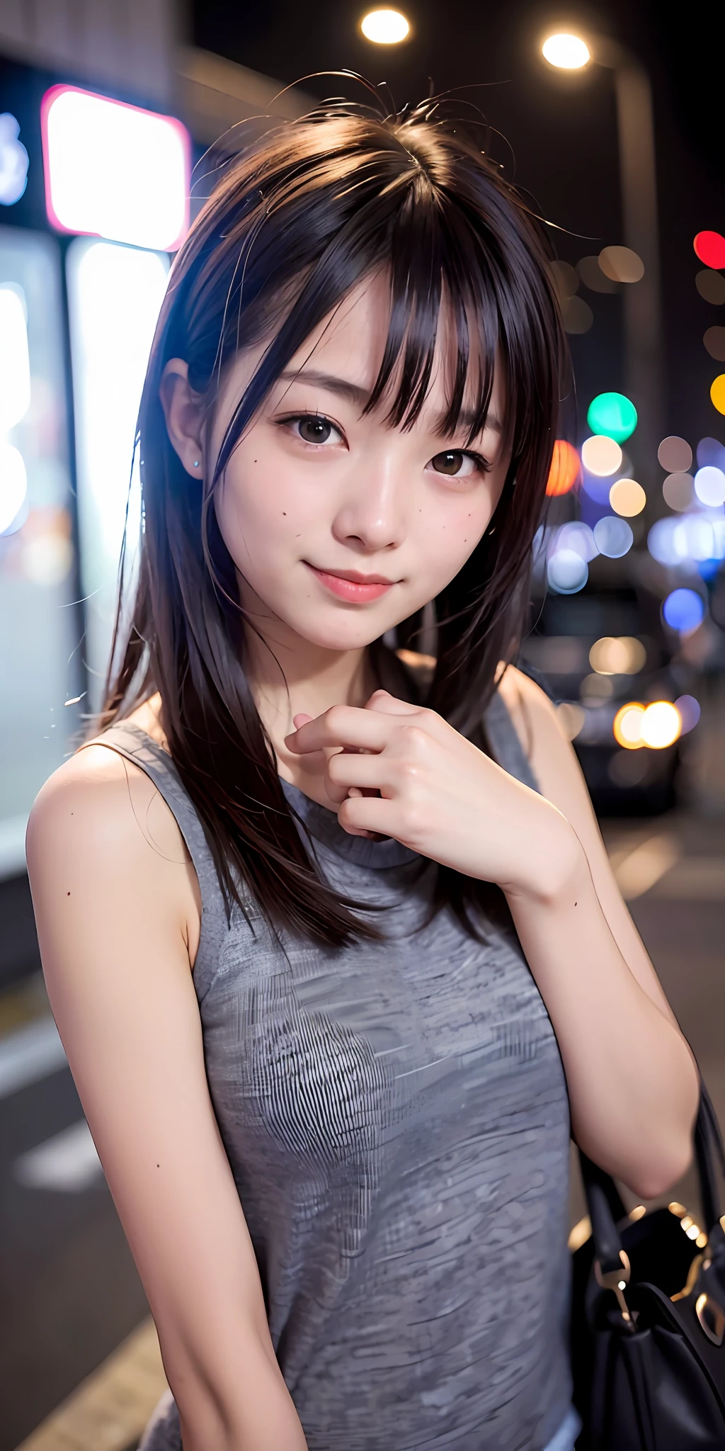 1 girl, Tokyo Street, night, cityscape, city lights, upper body, close-up, smile, (8k, RAW photo, top quality, masterpiece: 1.2), (real, photoreal: 1.37), big
