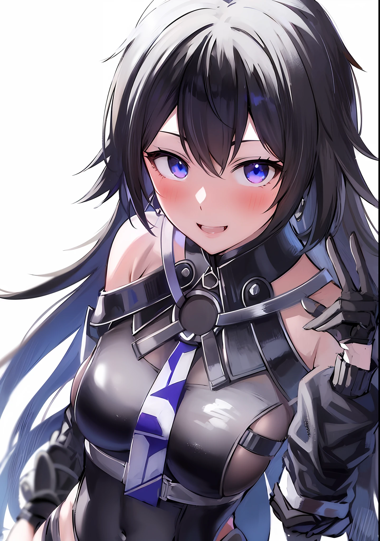 Anime girl with black hair and blue eyes in black costume, Ayaka Genshin Impact, black, armor girl, from Ark Night, Hestia, detailed anime character art, best anime 4k konachan wallpaper, Ayaka game Genshin impact, female anime character, female 👀 protagonist: 8, anime moe art style, rogue giggle, big breasts