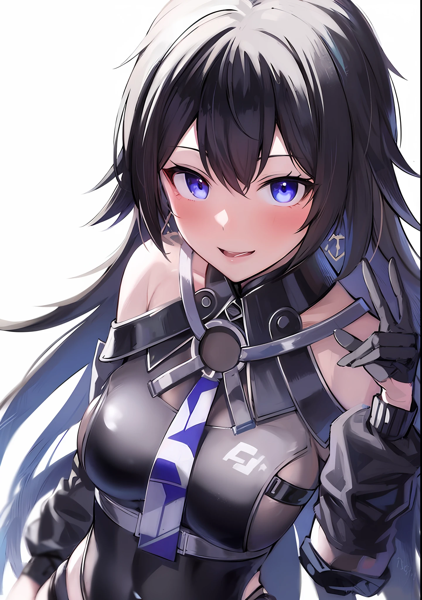 Anime girl with black hair and blue eyes in black costume, Ayaka Genshin Impact, black, armor girl, from Ark Night, Hestia, detailed anime character art, best anime 4k konachan wallpaper, Ayaka game Genshin impact, female anime character, female 👀 protagonist: 8, anime moe art style, rogue giggle, big breasts