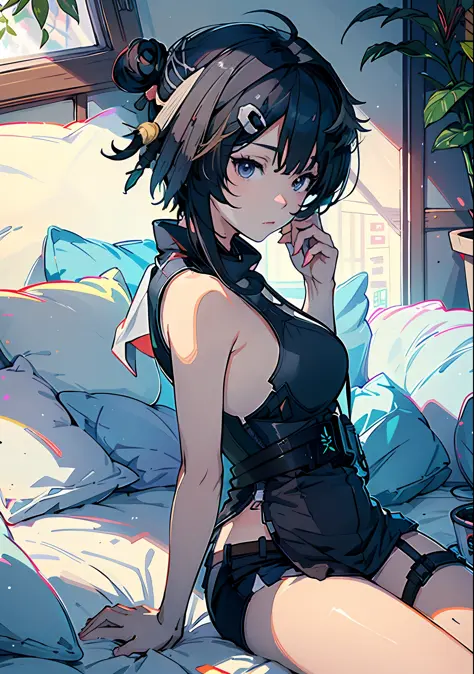 Anime girl lying on bed with hands on chin, Guvitz style artwork, anime style 4 K, Guvitz, Guwiz on pixiv art station, digital a...
