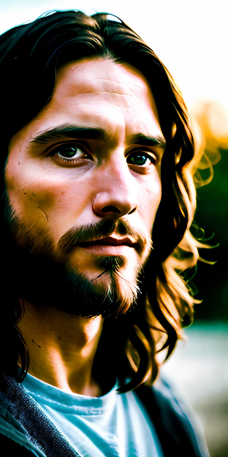 portrait of modern day Jesus, cinematic lighting, depth of field, bokeh, realism, photorealistic, hyperrealism, professional photography, uhd, dslr, hdr