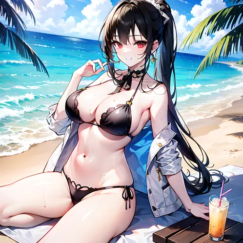 1girl, solo, masterpiece, best quality, realistic, hyperdetailed, (shiny, sweaty skin: 1.4) (swimsuit glued one piece white neckline to navel), black hair, gold earrings with light blue, black bra, large breasts, black ribbon on the neck, long ponytail hai...