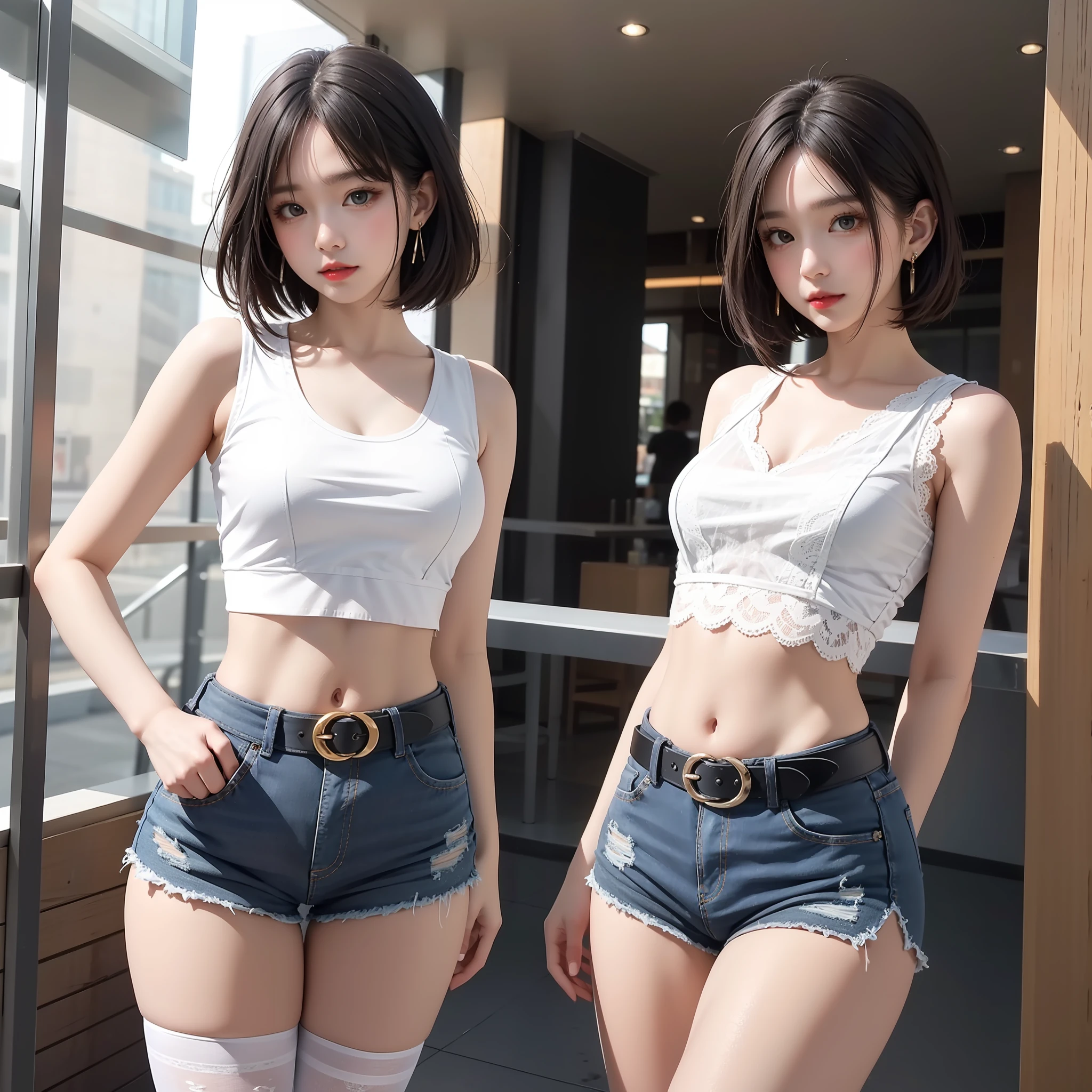 A small loli, masterpiece, light makeup, red lips, short hair, mall background, beautiful and elegant. Ultra-fine details, master works, real texture, cinematic lighting realism, perfect works, 8k, high definition, exquisite facial features. The upper body is wearing an elastic sports crop top, and the exposed small man's waist looks white and clean. The lower body is wearing denim shorts lace, a beautiful belt, sexy tights, and the S-shaped curved body looks very smooth. Slim figure, pear-shaped body, rounded hips, slender small man's waist, sexy chest, vest line, collarbone, bright big eyes, smooth skin, earrings, tattoos, short and cute beautiful legs. Deep in the human, cat cherry lips. Perfect waist-hip ratio