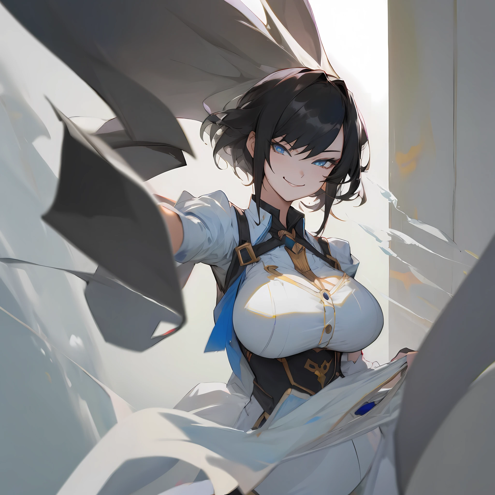 holding panties, smirk, juice stain:1.2), big breasts, 1girl, black hair, white panties, sfw