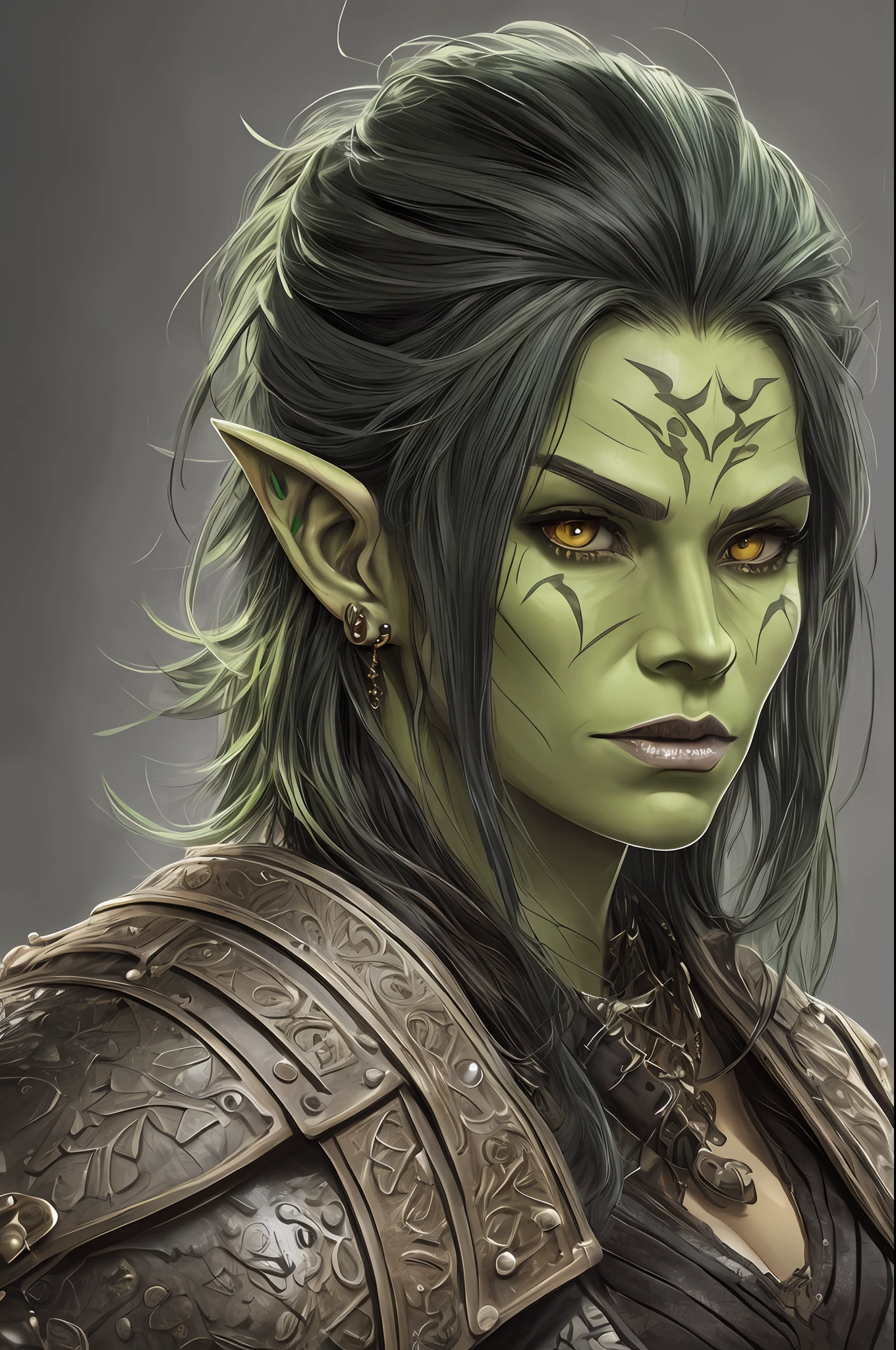 beautiful green-skinned woman punk bard, (muscular:1.2), orc tusks ...