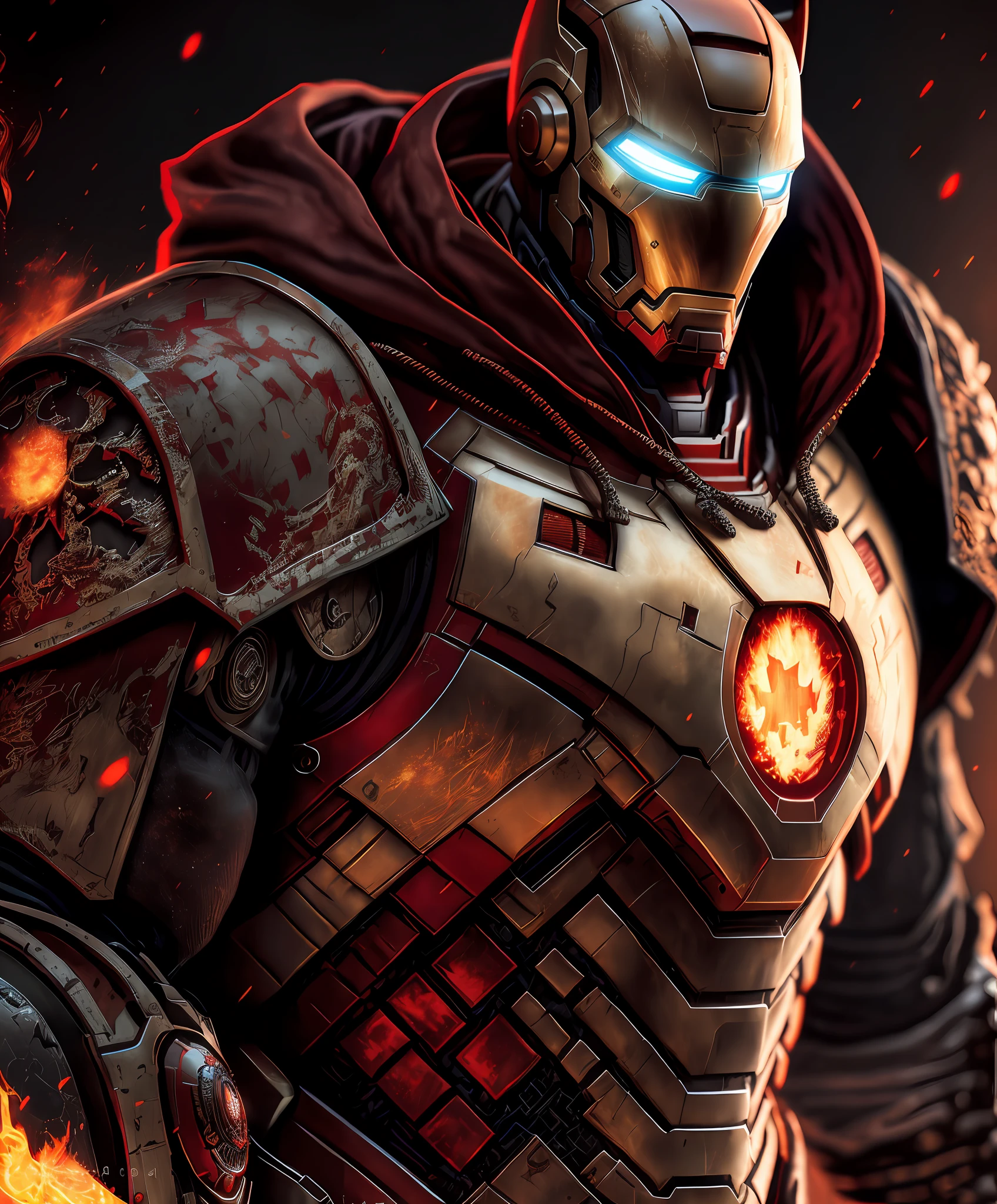 Cat in power armor iron man hoodie adeptus mechanicus, eyepieces, finely detailed armor, looking away, encrusted with skulls, black and red, warhammer 40k, dark tones, fire burning empire of Rome in the background, sparks, cinematic lighting, intricate hyper realistic designs