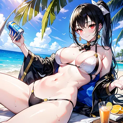 1girl, solo, masterpiece, best quality, realistic, hyperdetailed, (shiny, sweaty skin: 1.4) (swimsuit glued in one piece white neckline to navel), black hair, gold earrings with light blue, black bra, large breasts, black ribbon on the neck, long ponytail ...