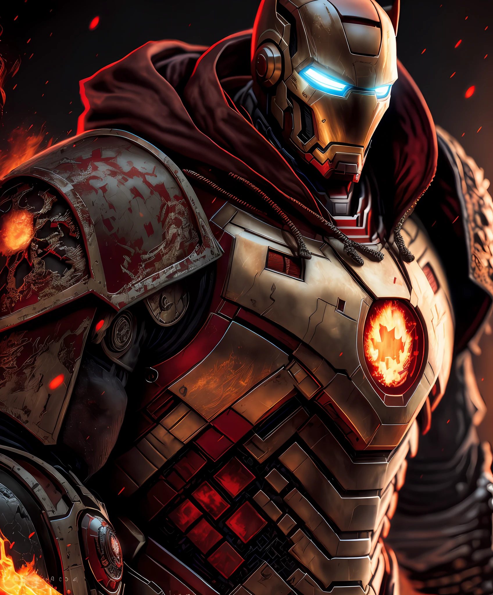 Cat in power armor iron man hoodie adeptus mechanicus, eyepieces, finely detailed armor, looking away, encrusted with skulls, black and red, warhammer 40k, dark tones, fire burning empire of Rome in the background, sparks, cinematic lighting, intricate hyper realistic designs