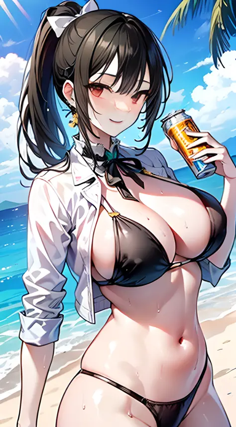 1girl, solo, masterpiece, best quality, realistic, hyperdetailed, (shiny, sweaty skin: 1.4) (swimsuit glued in one piece white neckline to navel with thong underneath), black hair, gold earrings with light blue, black bra, large breasts, black ribbon on th...