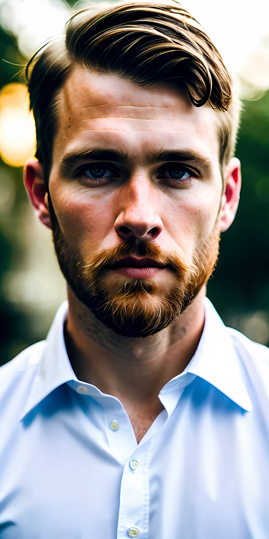 Portrait of modern white man, brown eyes, short social hair, short beard, wearing white dress shirt, cinematic lighting, depth of field, bokeh, realism, photorealistic, hyperrealism, professional photography, uhd, dslr, hdr