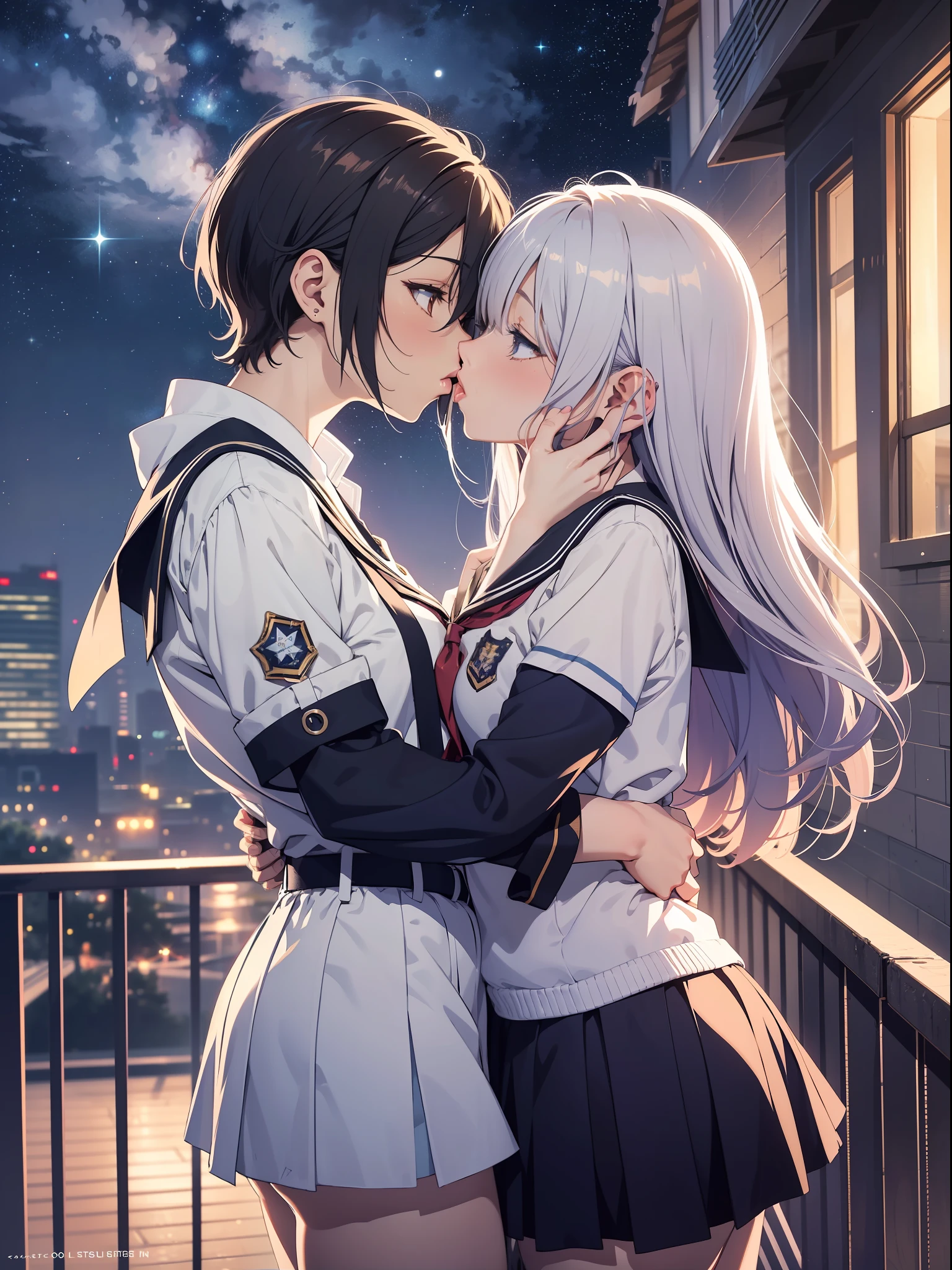 Anime couple in 校服, 动漫风格 4k, 动漫壁纸4k, 动漫壁纸 8 K, 4k动漫壁纸, 动漫艺术壁纸 4k, 动漫艺术壁纸4k, 4K漫画壁纸, 格韦茨, Los Tran 和 Makoto Shinkai 风格的艺术作品, 星空闪耀，一对女情侣互相拥抱, (吻:1.5), (校服:1.2), Capture the moment of exchanging 吻es. 场景采用动漫风格描绘, 每一个细节都精心绘制，并以 16k 高分辨率呈现. 灯光很棒, 星光与月光的交汇, 柔和地照亮这对夫妇. The colors take advantage of the contrast between the vivid colors of the 校服 and the deep blue and white of the starry sky. 对于作品, 使用中长焦镜头，确保情侣位于屏幕中央. , 流星, 细致的脸部细节