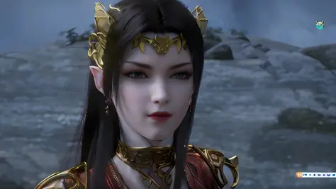 a close up of a woman with a red dress and gold headpiece, elven character with smirk, she has elf ears and gold eyes, beautiful...