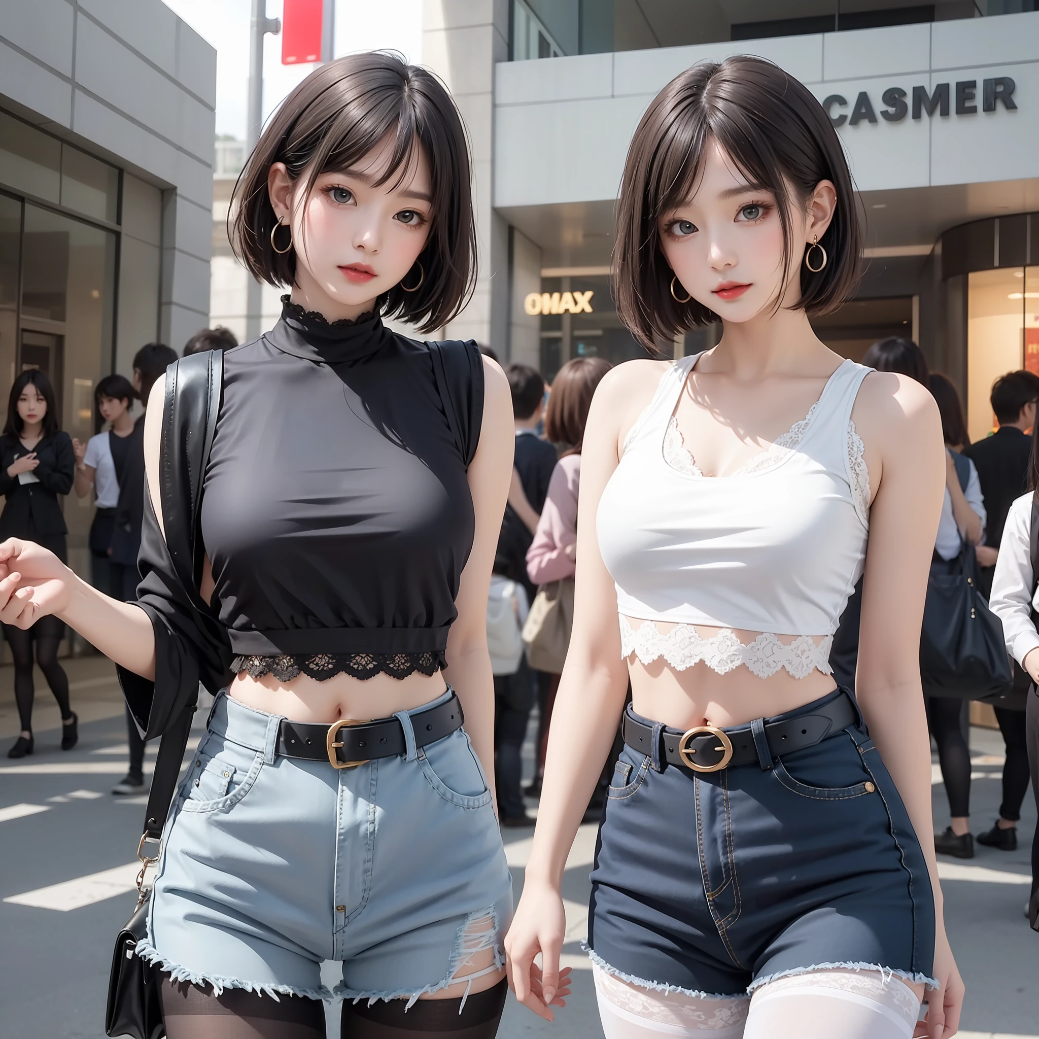 A small loli, masterpiece, light makeup, red lips, short hair, mall background, beautiful and elegant. Ultra-fine details, master works, real texture, cinematic lighting realism, perfect works, 8k, high definition, exquisite facial features. The upper body is wearing an elastic sports crop top, and the exposed small man's waist looks white and clean. The lower body is wearing denim shorts lace, a beautiful belt, sexy pantyhose, and the S-shaped curved body looks very smooth. Slim figure, pear-shaped body, rounded hips, slender small man's waist, sexy chest, vest line, collarbone, bright big eyes, smooth skin, earrings, tattoos, short and cute beautiful legs. Deep in the human, cat cherry lips. Perfect waist-hip ratio