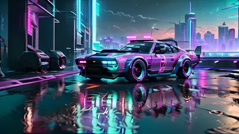 a close up of a car with neon lights on it, cyberpunk car, cyberpunk garage on jupiter, cyberpunk art style, cyberpunk 2077 colo...
