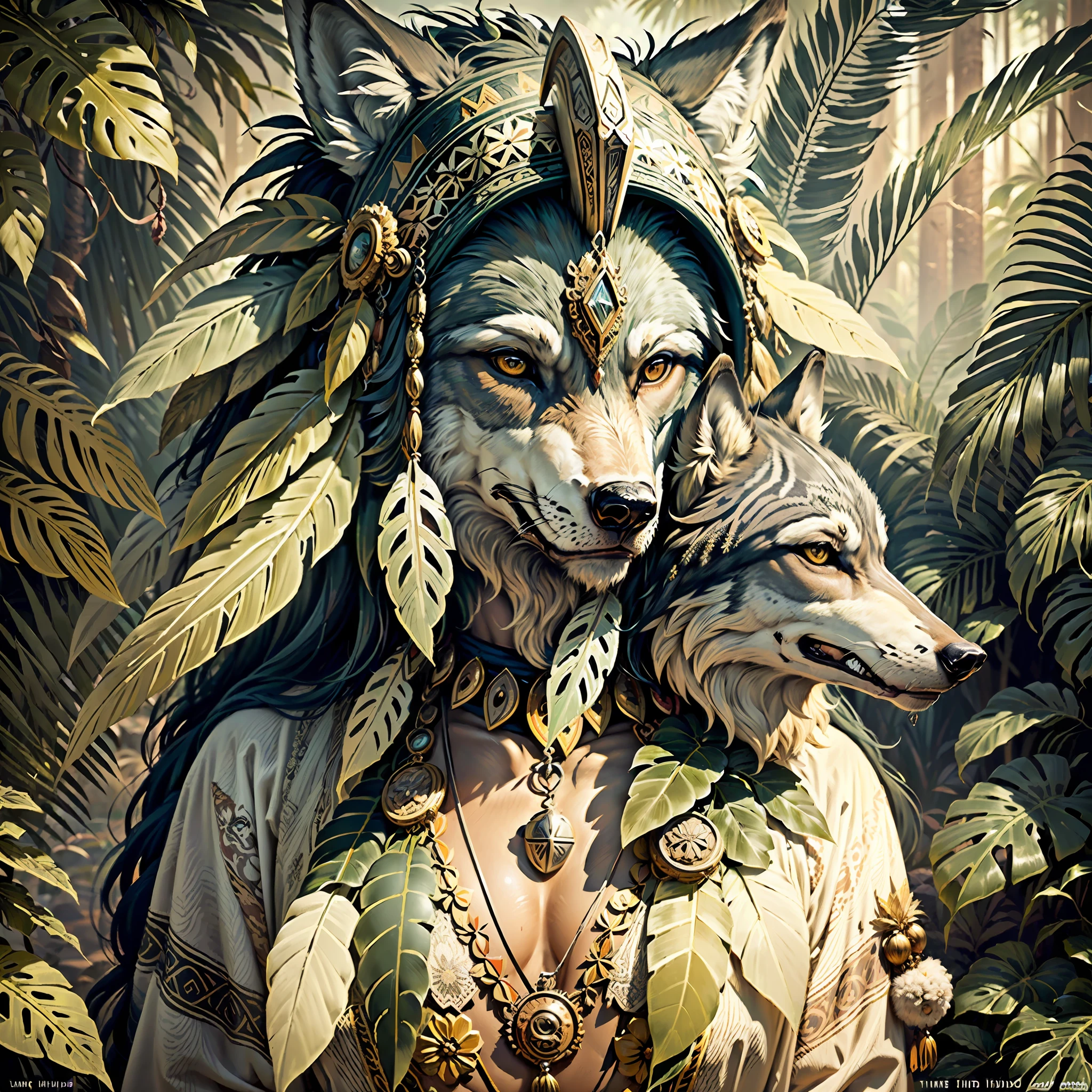 Wolf ((indigenous style)),,((meditative state),,((Wolf head)), elegant, hair with details, with Indian headdress on head, many colored feathers, colored feathers,,facing the camera, detail: dense tropical foliage, highly detailed intricate, ((masterpiece)), ultra hyperrealistic, masterpiece,, by TIm Hildebrandt,,