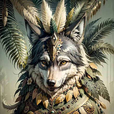 wolf ((indigenous style)),,((meditative state),,((wolf head)), elegant, hair with details, with indian headdress on head, many c...