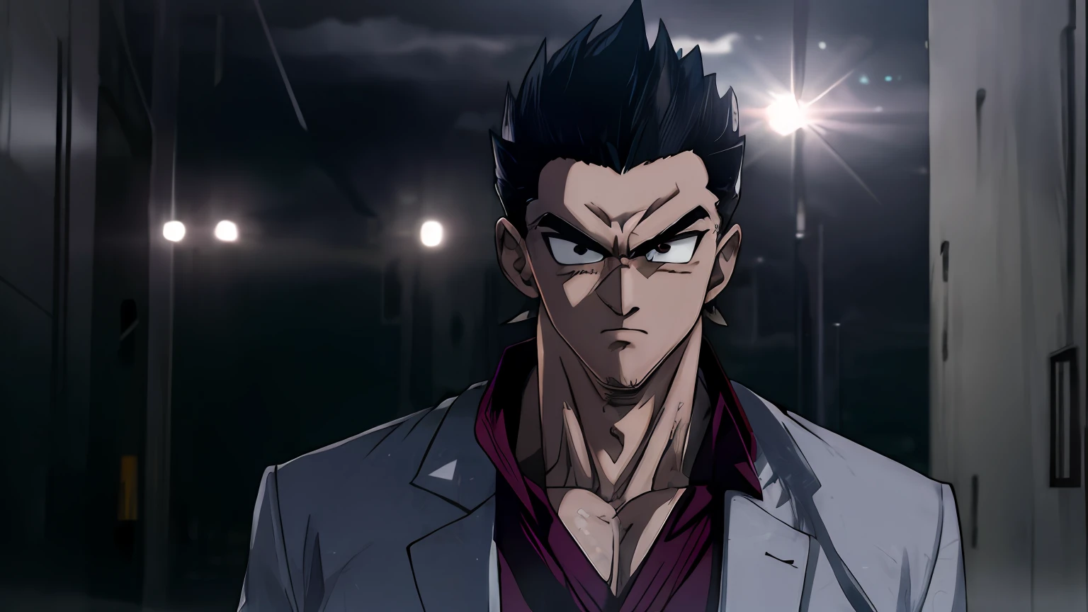 kiryu kazuma, black swept up hair, serious face, suit, super saiyan, hd, highres