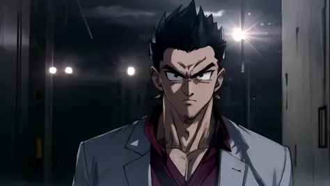 kiryu kazuma, black swept up hair, serious face, suit, super saiyan, hd, highres