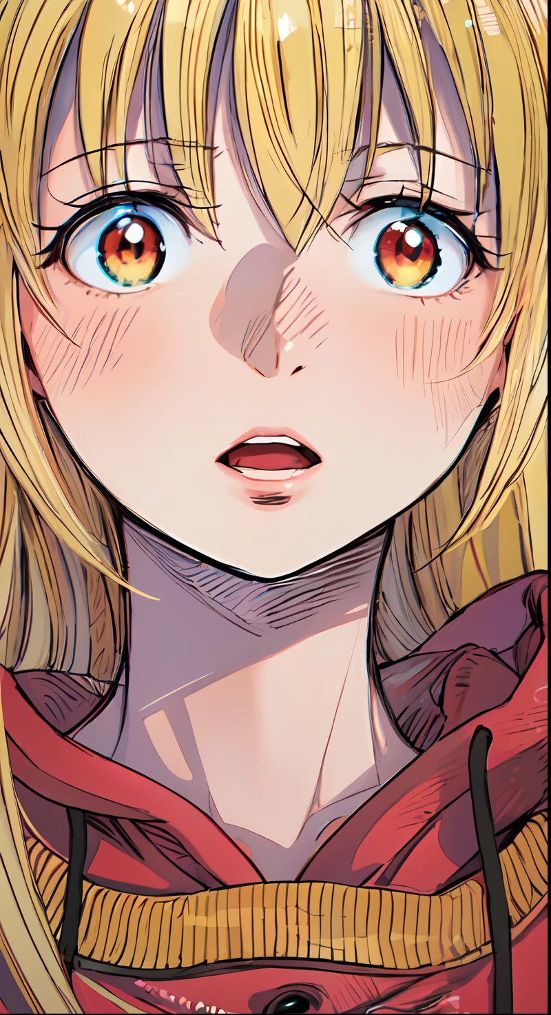 a anime of a girl close up with long hair and looking viewer, open mouth, jacket, blonde hair, color manga, manga color, color manga, color manga panel, simple background