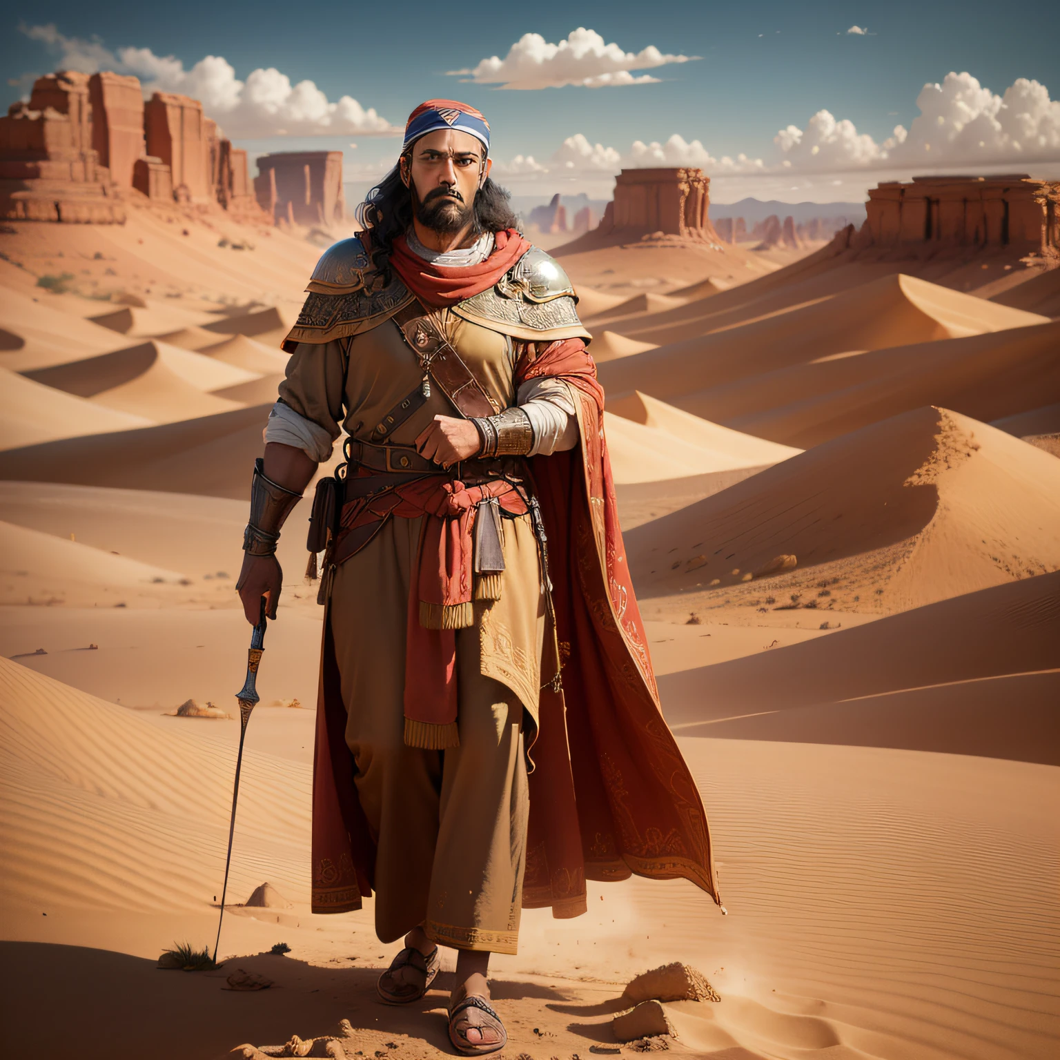 Joshua, the Hebrew warrior, stands tall in the arid desert, his figure commanding and determined. He exudes strength and confidence as he conquers the Promised Land. The painting captures the essence of realism, with meticulous attention to detail and texture. The artist employs the medium of oil on canvas to bring out the richness and depth of the scene. Warm and earthy tones dominate the color palette, mirroring the harsh sunlight that bathes the desert. The artwork is of high definition, showcasing the artist's skill in capturing every intricate aspect of Joshua's triumph., UHD, masterpiece, anatomically correct, high quality, 4K, award winning