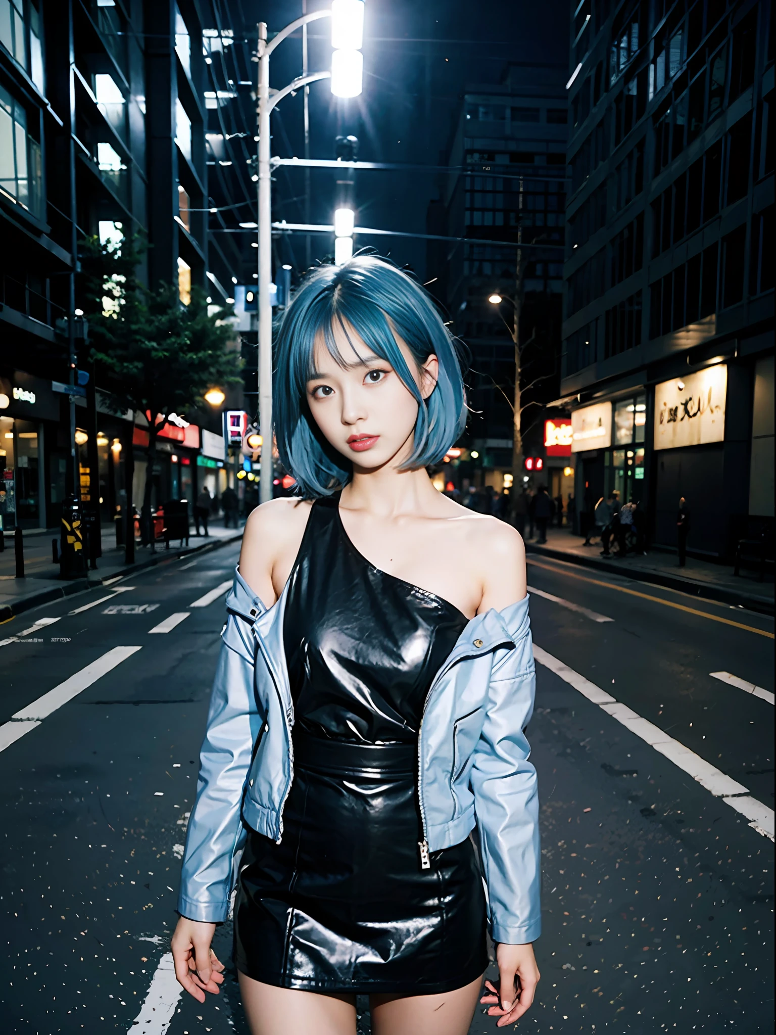 masterpiece, raw photo, film photo, 90s flash photo, 1girl, 指をこめかみに当てる、empty road, beautiful 1girl, sin front of camera, best quality, (bob light blue ash hair:1.3), Long Legs, (Black Leather Jacket: 1.2), slit skirt, One-shoulder dress