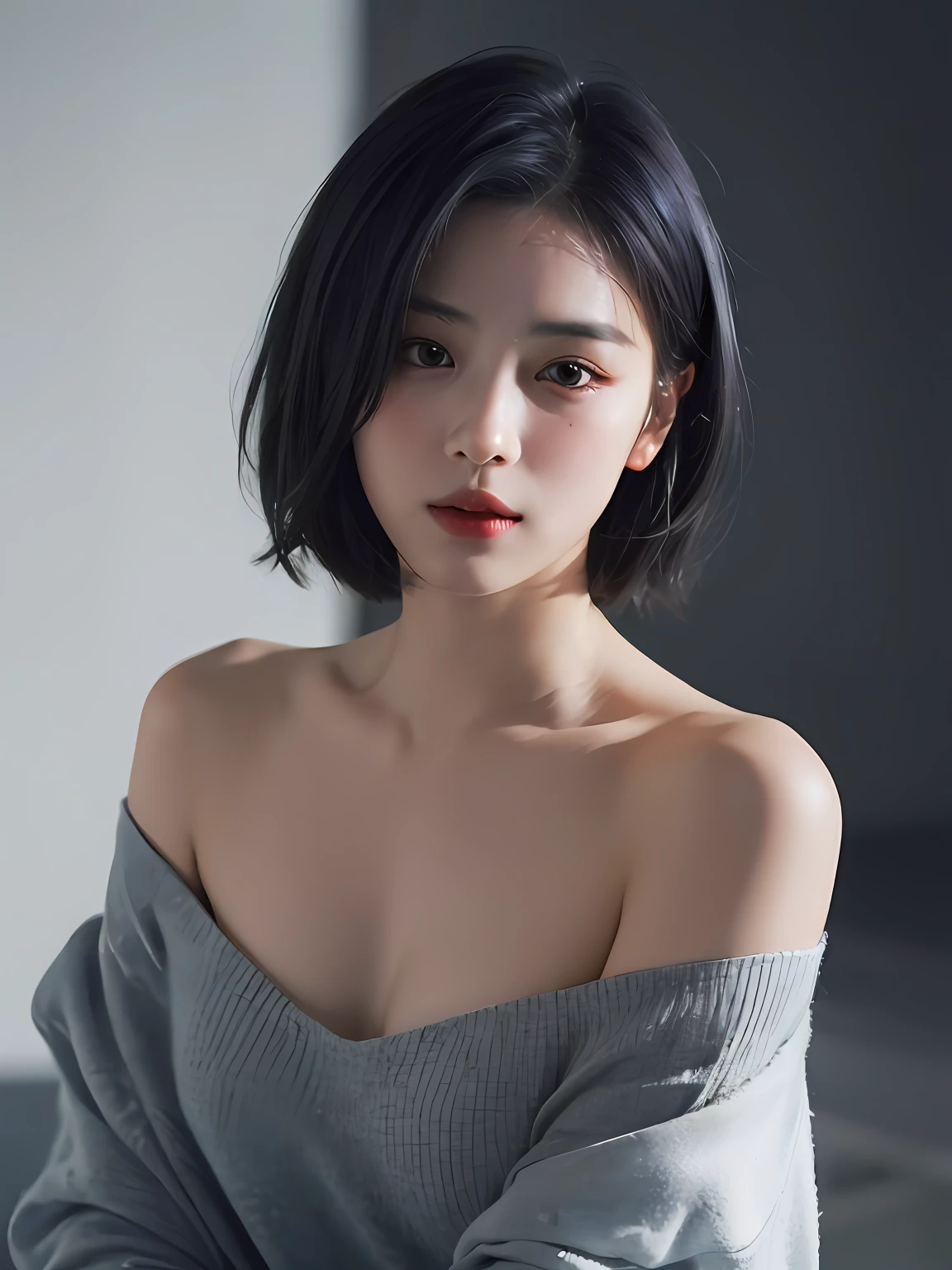 Best quality, masterpiece, ultra high res, (photorealistic:1.5), raw photo, 1girl, offshoulder, in the dark, deep shadow, low key, cold light, sexy look, short hair