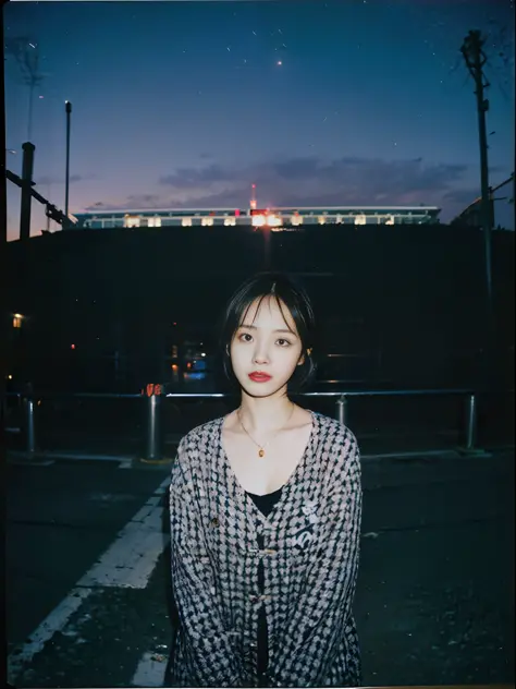 masterpiece, raw photo, film photo, 90s flash photo, 1girl, night scene, dark, empty road, beautiful 1girl, 大爆発、sin front of cam...