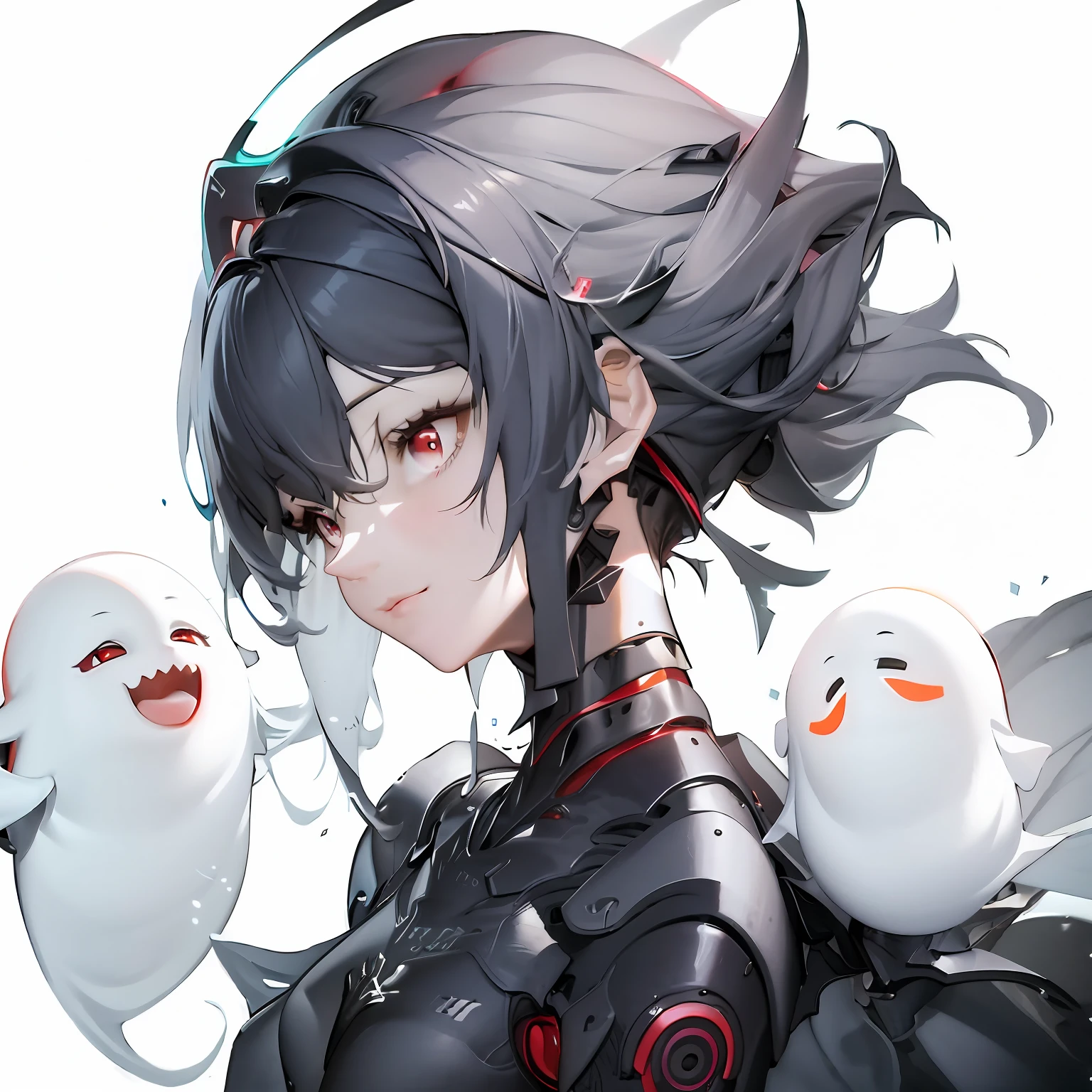 Anime-Figur mit schwarzen Haaren und roten Augen, die zwei weiße Vögel halten, bestes Anime 4k Konachan-Hintergrundbild, guweiz, guweiz on pixiv artstation, guweiz on artstation pixiv, perfektes Android-Mädchen, Sanfte Anime-CG-Kunst, perfekte Anime-Cyborg-Frau, artgerm and atey ghailan, süßes Cyborg-Mädchen, android heroine