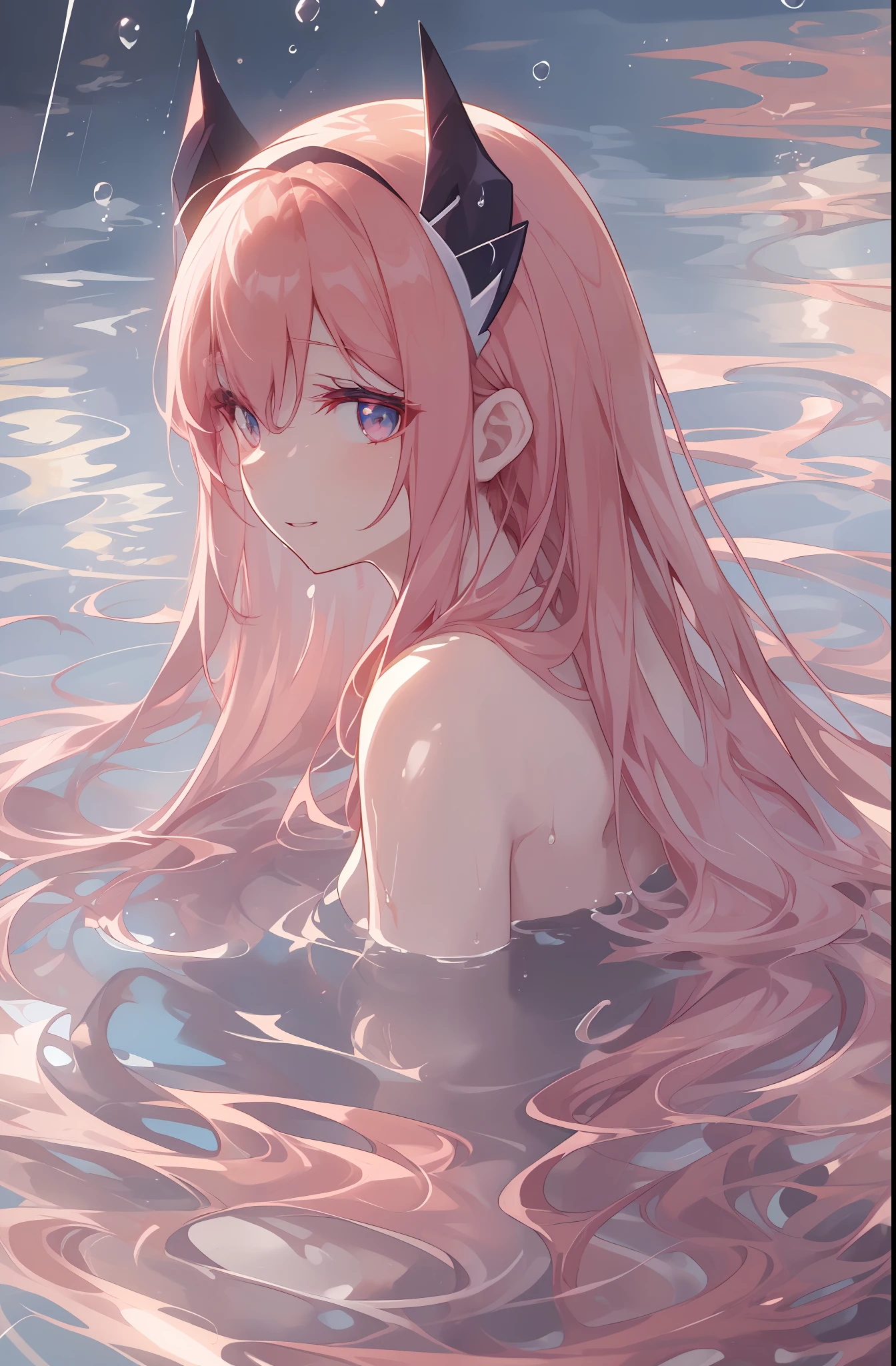 (2D Animation Style: 1.4), (Japanese Animation: 1.9), HD, (Golden Lighting: 1, 4), White Skin, Full Image Light, Horns, (Clear Eyes), White Sunlight, Hair Glow, (((Falling Rain: 1.2), Sunlight, Sun, Waves, (Water Surface), Close Up, Back, Back Turn, Glowing, Long Pink Hair, Clear Eyes, Prayer, Looking at the Girl from the Side, Side, Holy Light, (Clear Clothes), Underwater, laughter 😆😆😆😆, bubbles, (water divergence), (air divergence)