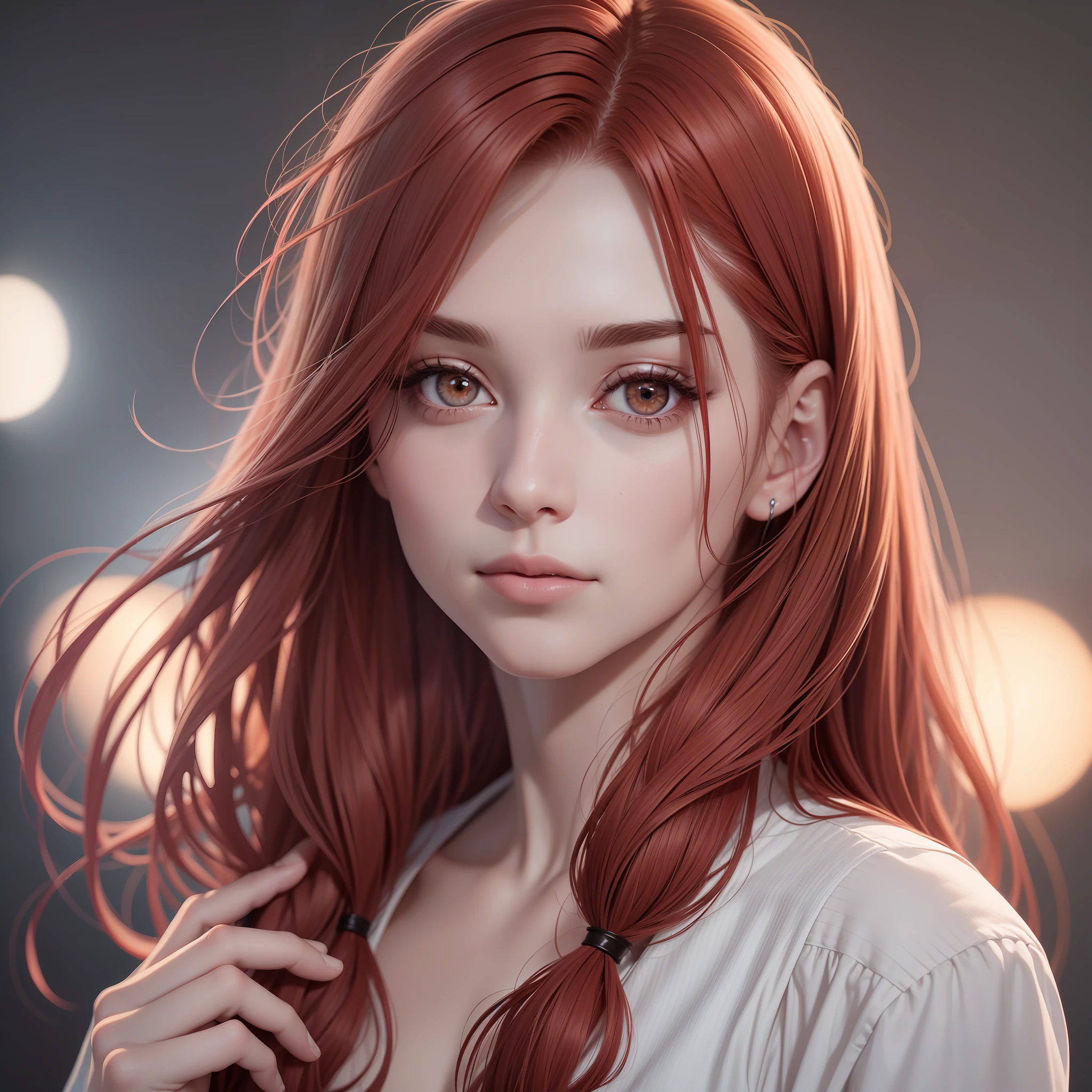 Woman with blood-colored red hair, brown eyes. Incredibly realistic. Stunning digital illustration, realistic art style, 4k realistic digital art, beautiful digital illustration, 8k high quality detailed art, beautiful digital art, glowing wlop skin, photorealistic art style, realistic realism art style