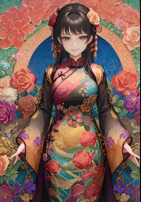 Anime woman, wearing a colorful oriental dress, standing in front of the floral background, the palace has two large Roman colum...